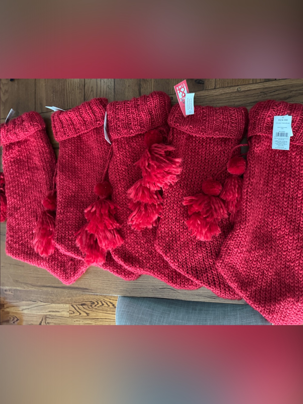 Red Chunky Knit Holiday Stockings with Pom Tassels - Set of 5
